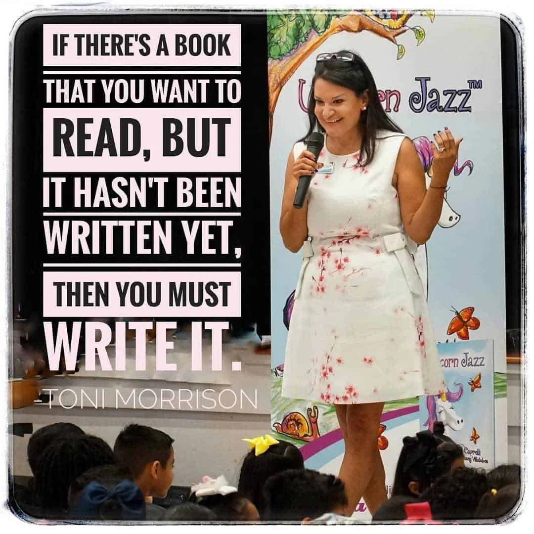 Promotional graphic with a microphone presenter, a child audience and a book-writing quotation.