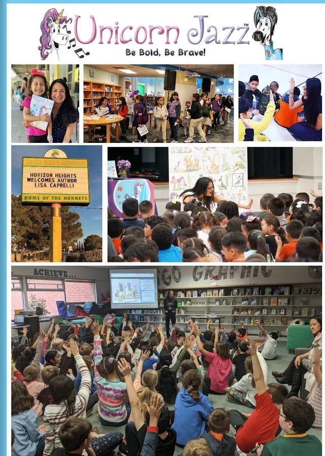 Collage of Lisa Caprelli signing Unicorn Jazz books and presenting to engaged students at school and library visits