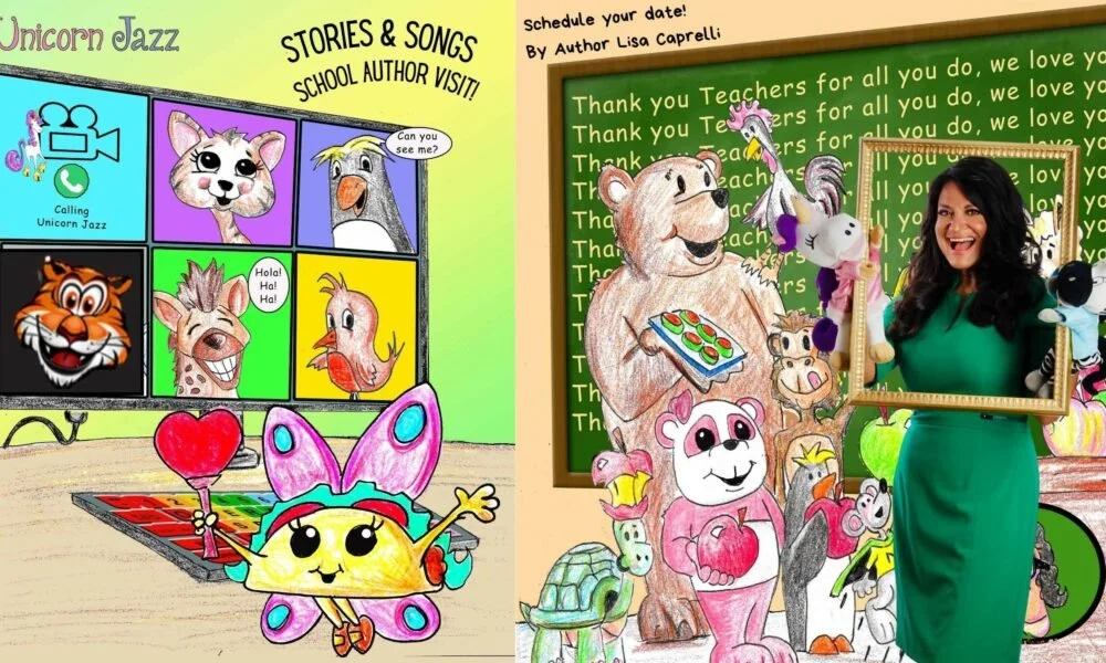 Lisa with Unicorn Jazz characters in a classroom, beside a bright Stories and Songs assembly poster.