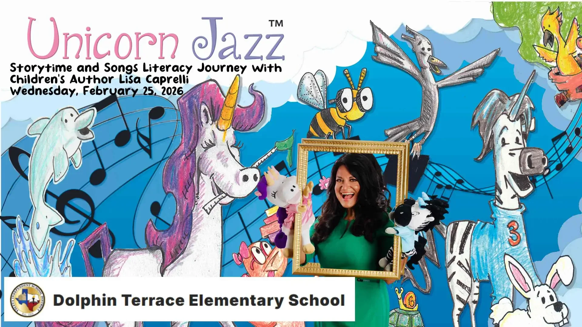 Dolphin Terrace Elementary School Unicorn Jazz announcement artwork labeled February 25, 2026.
