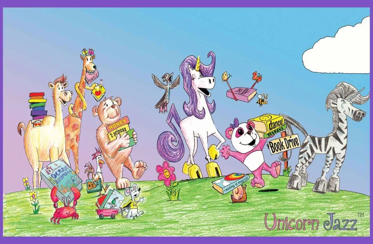 Unicorn Jazz characters illustrated with books and a Book Drive sign.