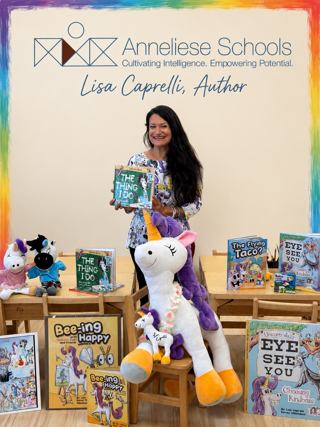 Unicorn Jazz books and plush characters displayed beneath an Anneliese Schools author-visit sign.