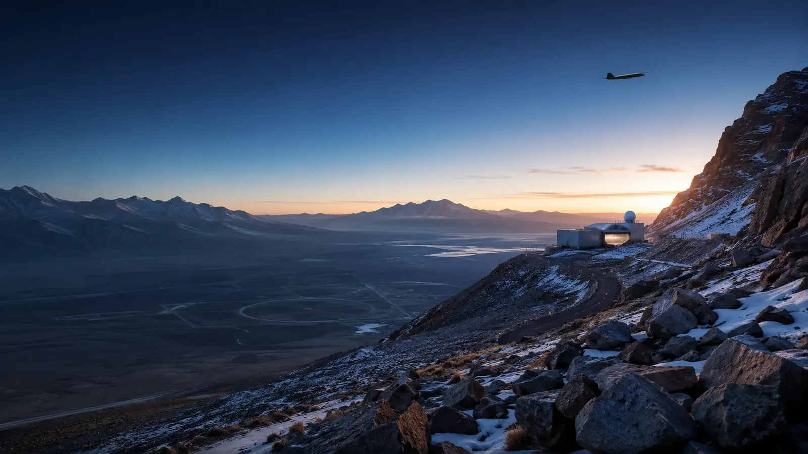 Conceptual mountain aerospace research landscape at first light.