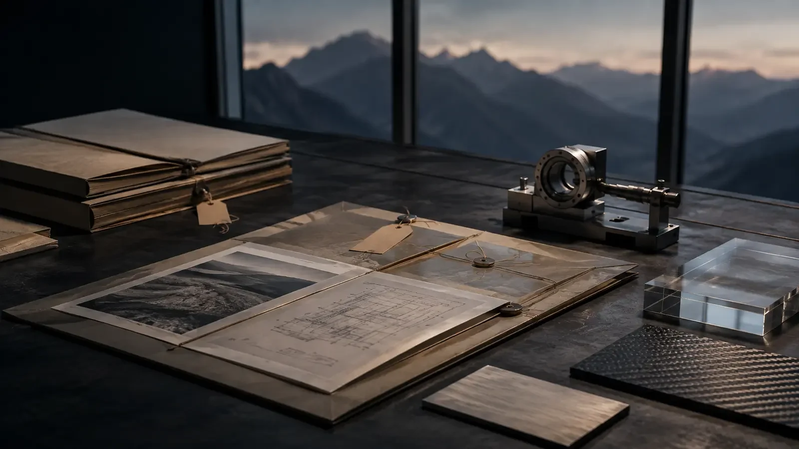 Conceptual evidence-review studio with archival folios, technical drawings, and precision instruments.