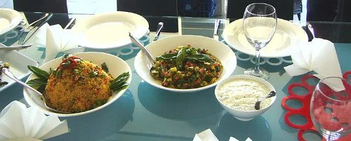 Quinoa Salad, Corn & Avocado Salsa with fresh herbs, Tzatziki
