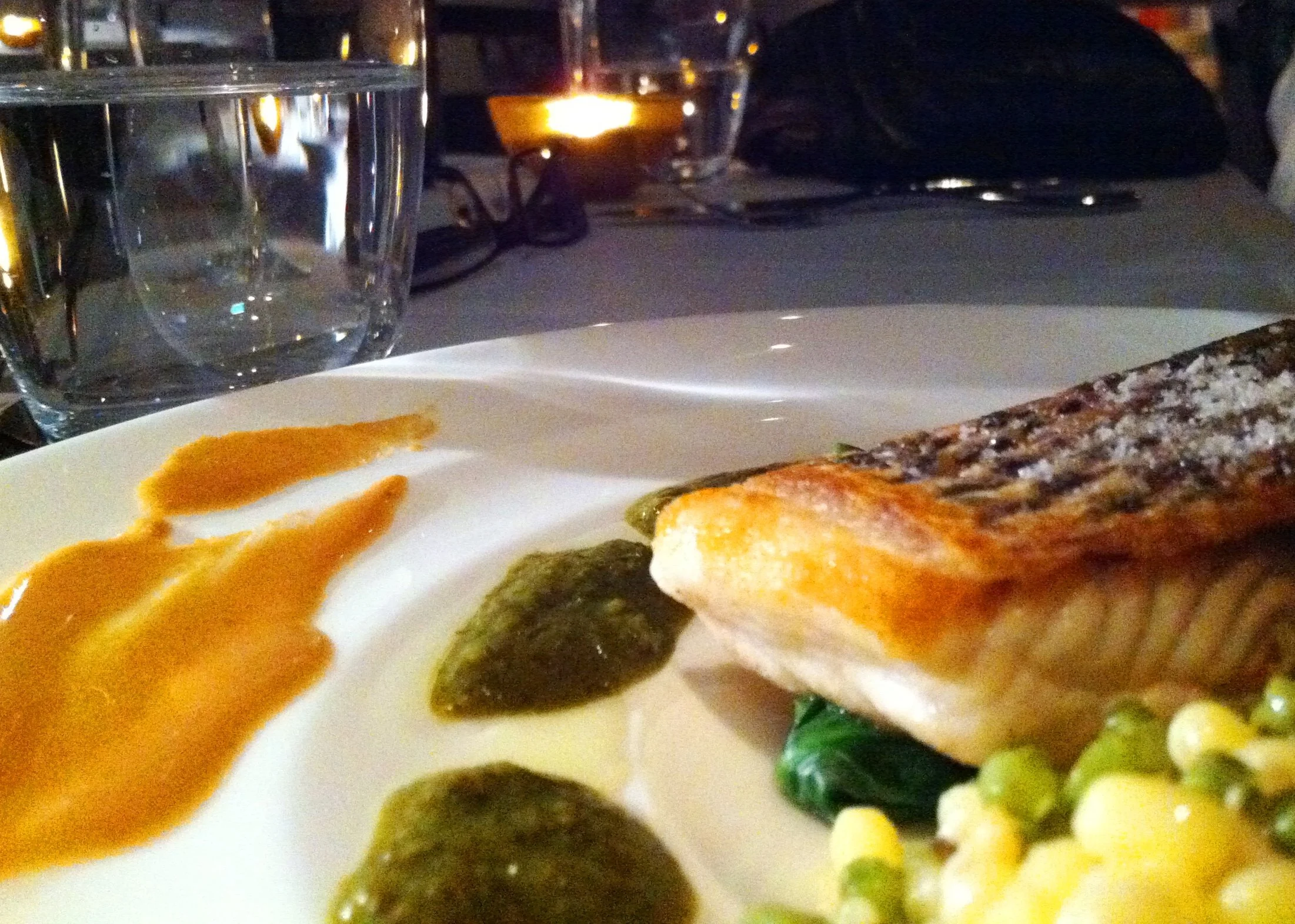 BARRAMUNDI pachamanca style served w/ roasted Andean corn, bean sprouts, white asparagus, baby spinach & roasted almond purée