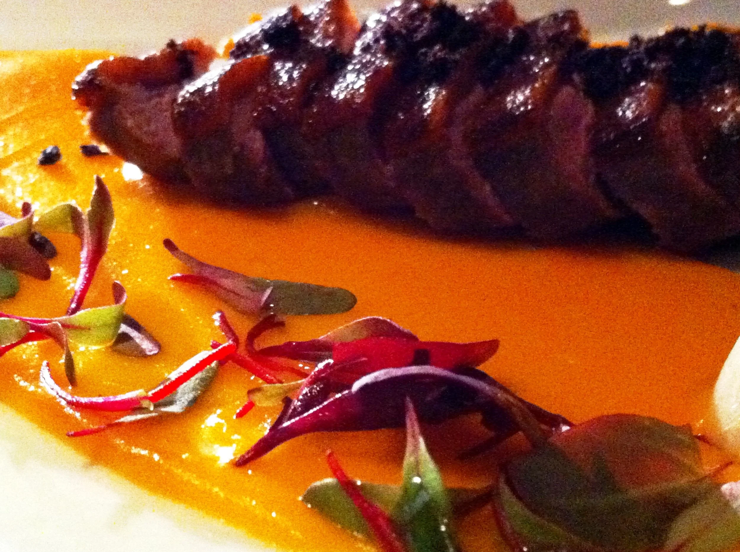 ESCABECHE DE PATO duck breast marinated in Annatto seeds & Aji mirasol pepper, served w/ caramelised sweet potato & orange purée w/ pickled globe onions & dried black olives