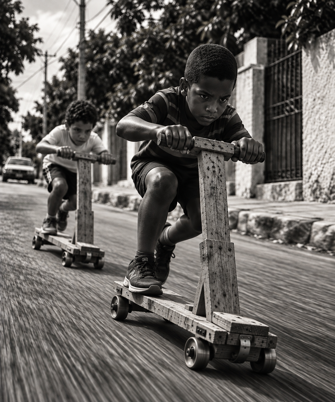 Dominican boys riding handmade wooden Chikitraki scooters