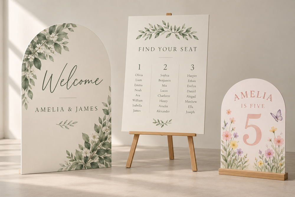 Welcome boards, seating plans and celebration signs.