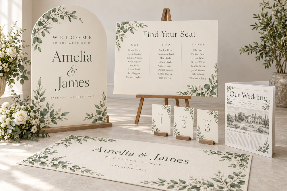 Welcome signs, seating plans, table details and personalised wedding newspapers.