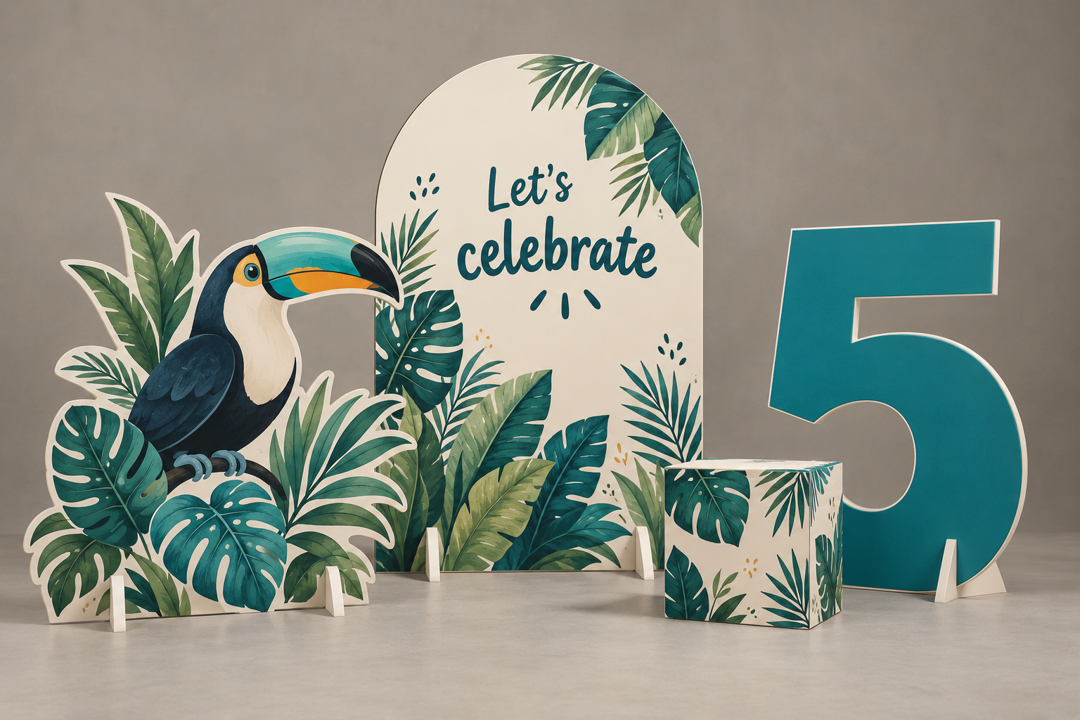 Design concept showing a botanical party set with printed leaf and toucan cutouts, a welcome board, number five and matching cube