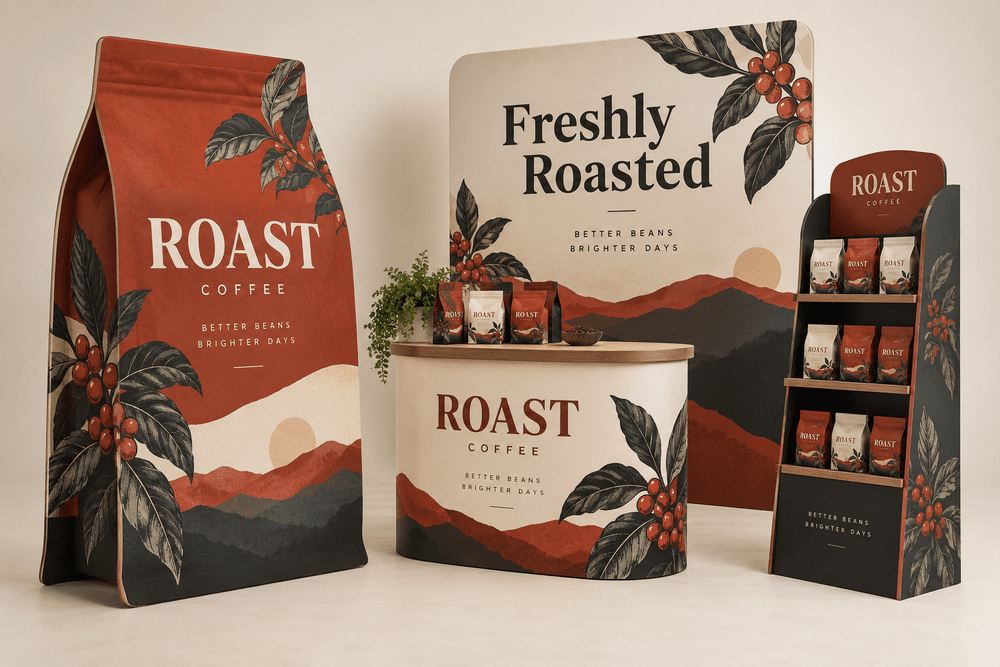 Branded backdrops, promotional cutouts, counters and display shelves.