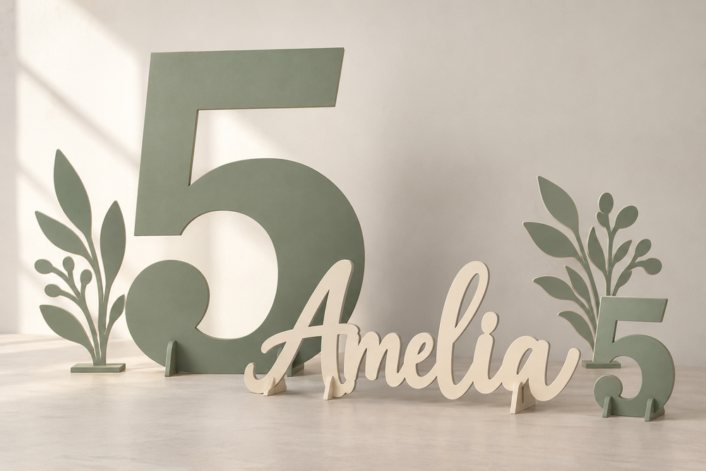 Freestanding names, age numbers and matching toppers.