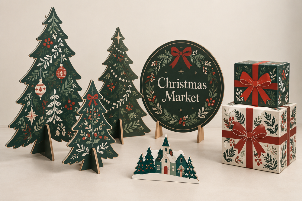 Printed scenery, decorative boxes and signage for markets and shop displays.