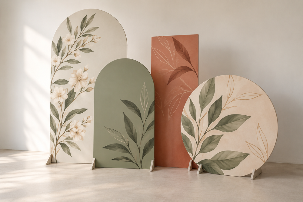 Arches, circles and shaped panels for event displays.