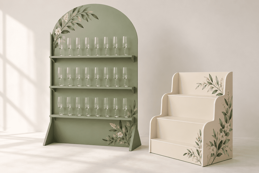 Freestanding drinks walls and tiered display shelves.