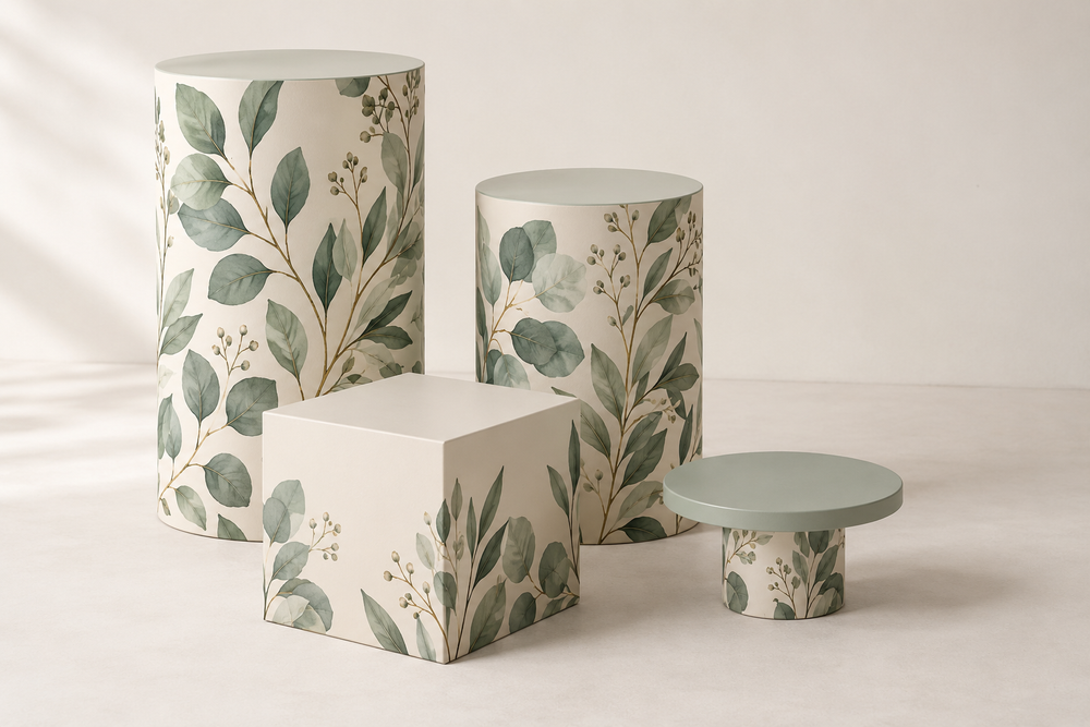 Printed cubes, display plinths and cake stands.