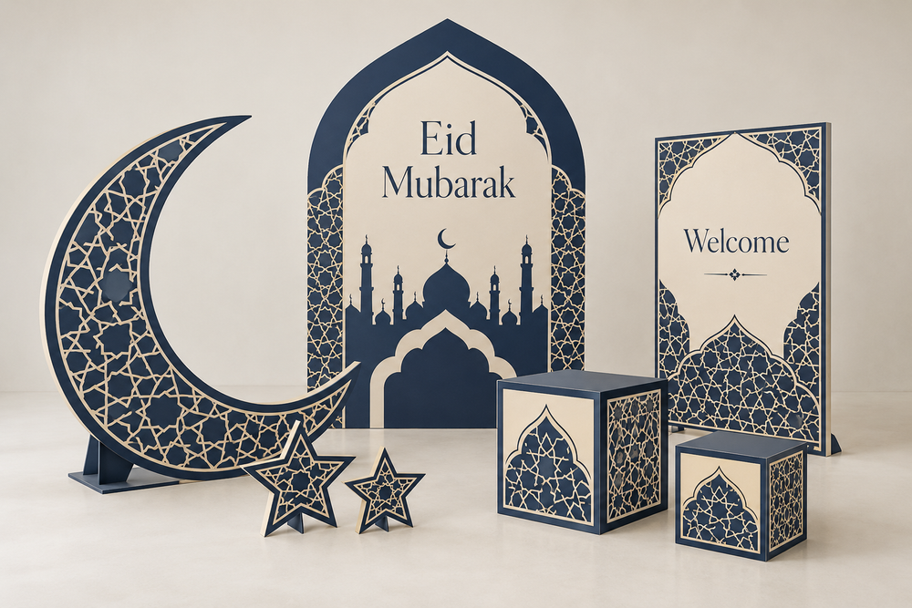 Coordinated backdrops, decorative cutouts, signs and display cubes.