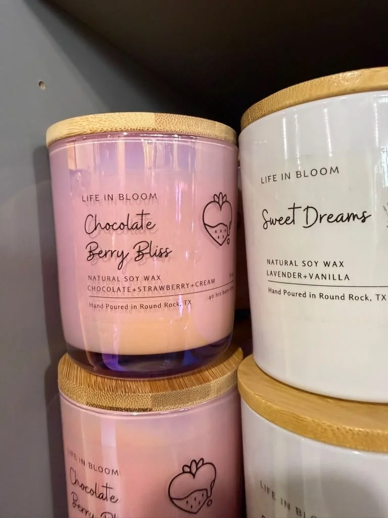 Vendor display shelves inside Austin Style Boutiques marketplace