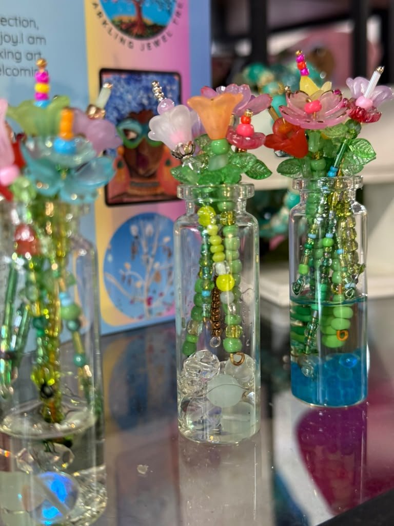 Close-up of gift items on display inside the boutique