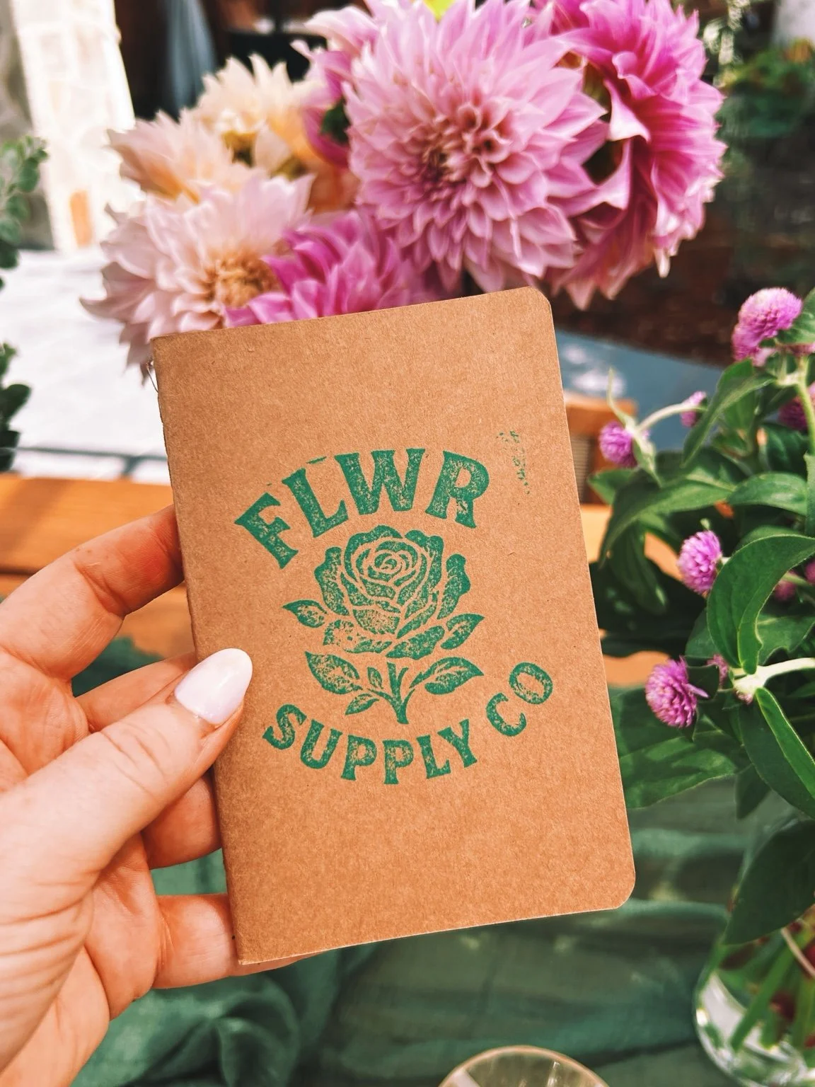 FLWR Supply Co notebook with workshop florals