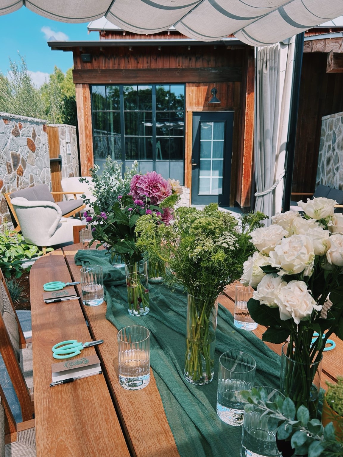 Floral workshop table in an outdoor Los Olivos setting