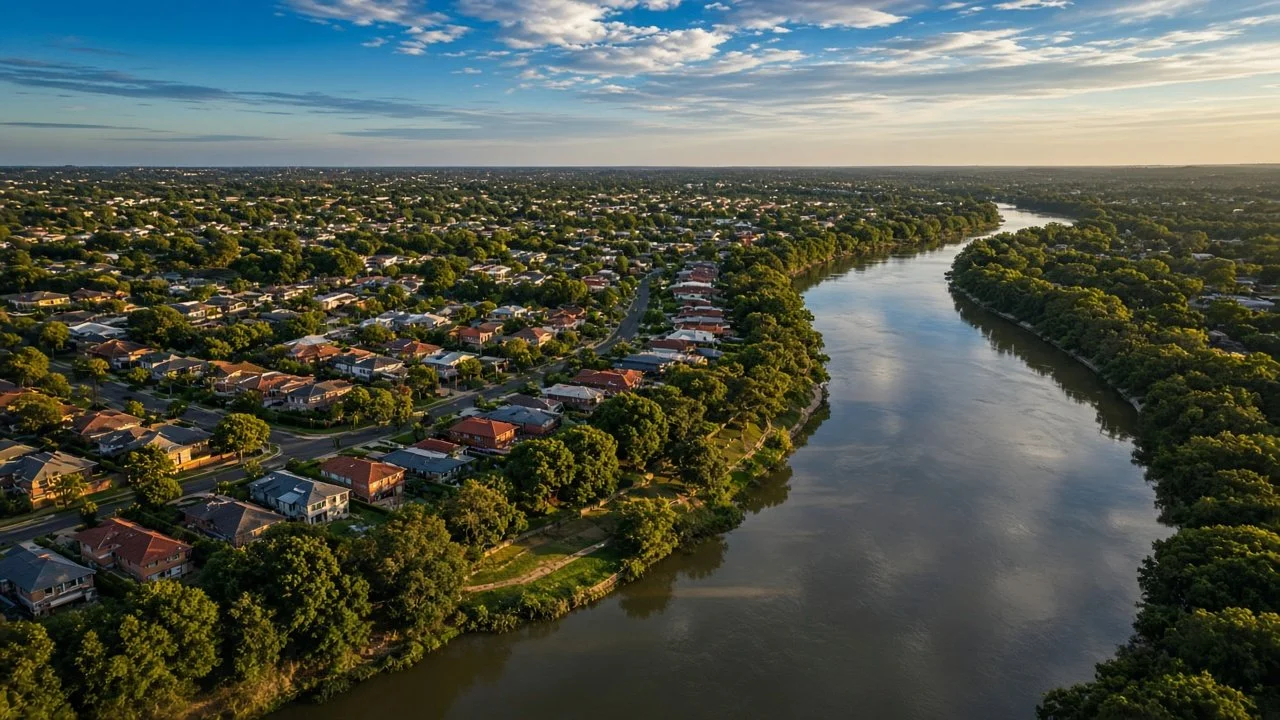 Aerial view of leafy suburbs beside a wide, winding river