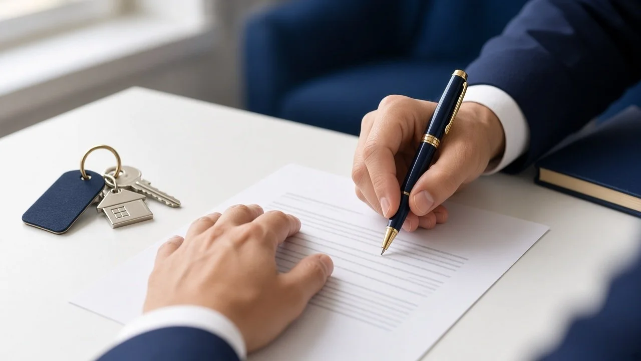 Hands signing a paper agreement beside a set of house keys