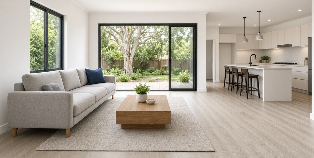 Clean, well-kept rental living room and kitchen with natural light and a garden view.