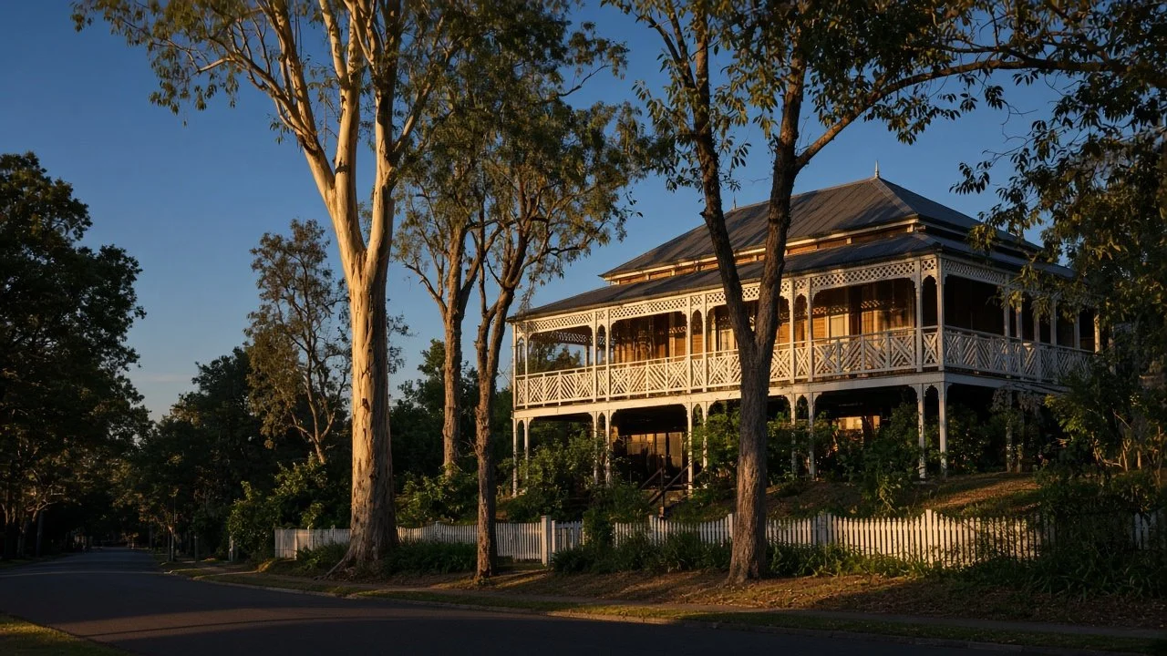 Elevated Queenslander home with wide verandahs among tall gum trees at sunset