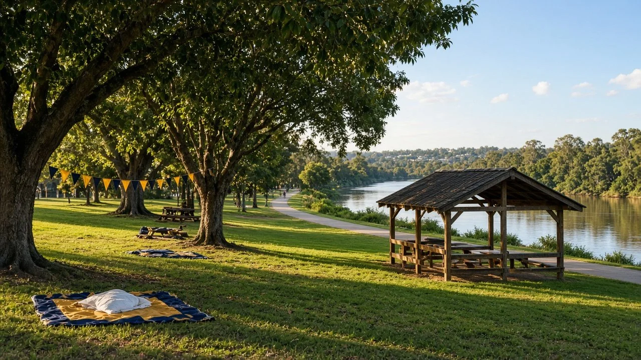 Riverside park with a timber picnic shelter, shade trees and a picnic rug on the grass