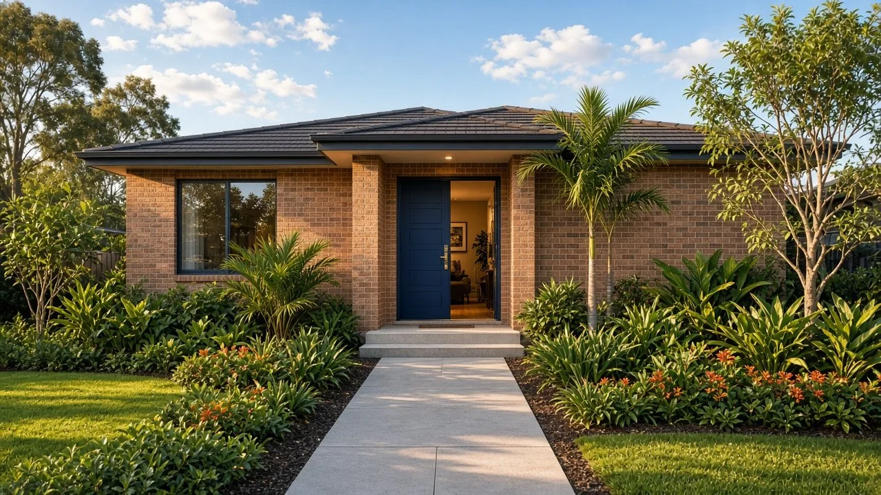 Single-storey brick home with a navy front door, a garden path and tropical plants