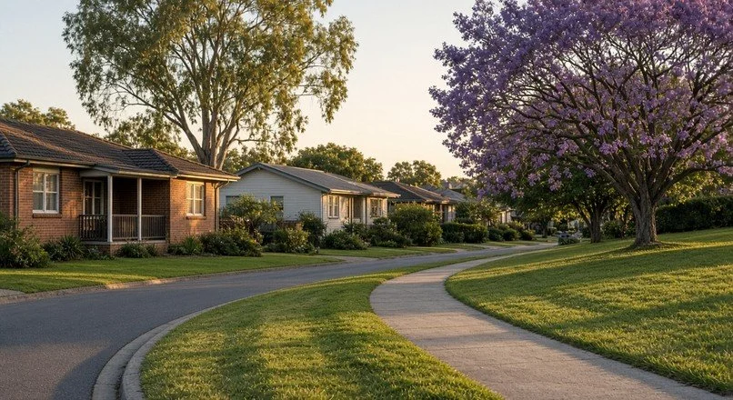 Quiet Centenary street of well-kept homes with a jacaranda in late-afternoon light.