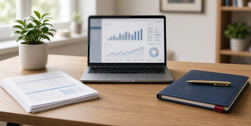 Organised desk with a laptop dashboard, printed statements and a navy folder.