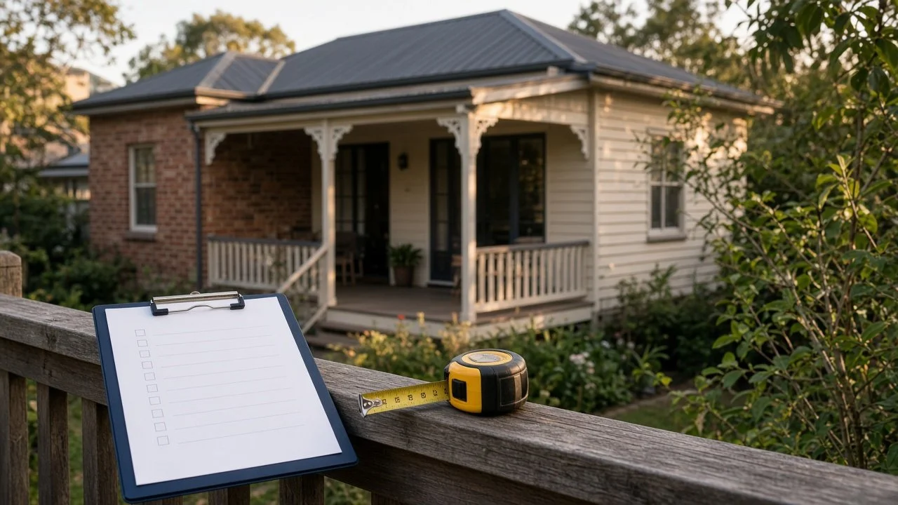 Clipboard checklist and tape measure on a porch railing in front of a weatherboard home