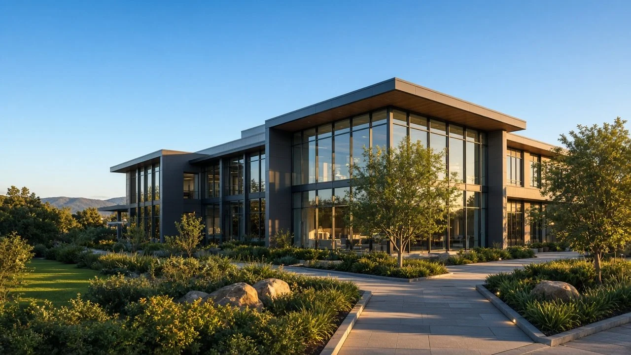 Two-storey glass and steel commercial building with landscaped gardens and a paved path