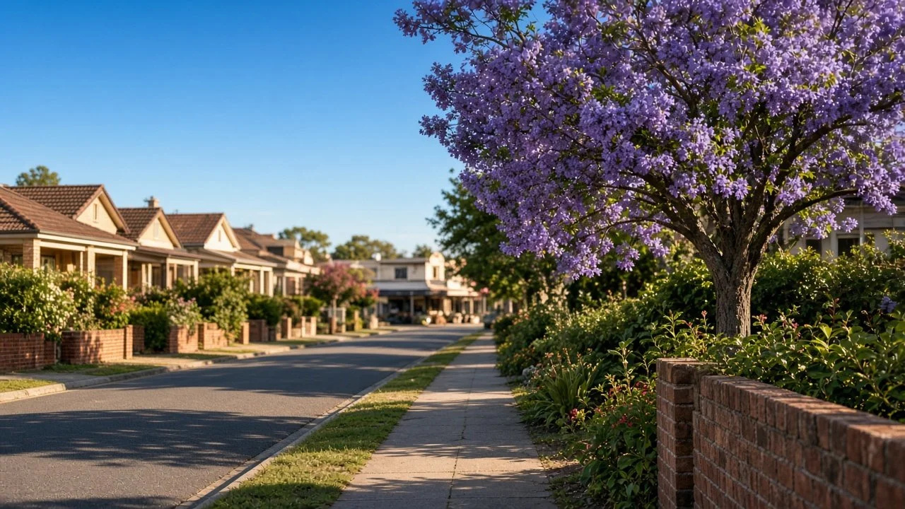 Suburban street lined with houses and a flowering purple jacaranda tree