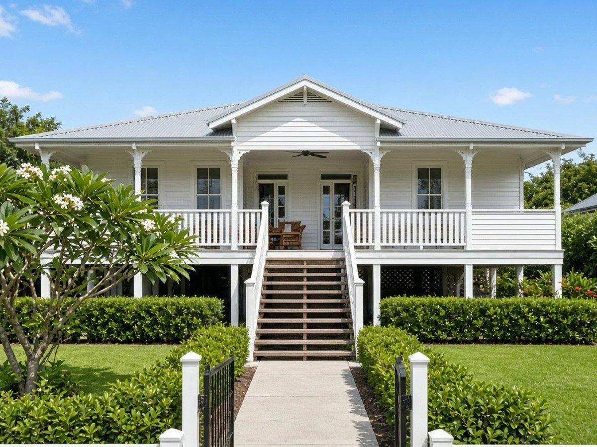 Classic white Queenslander with a front verandah and neat garden, ready to lease.