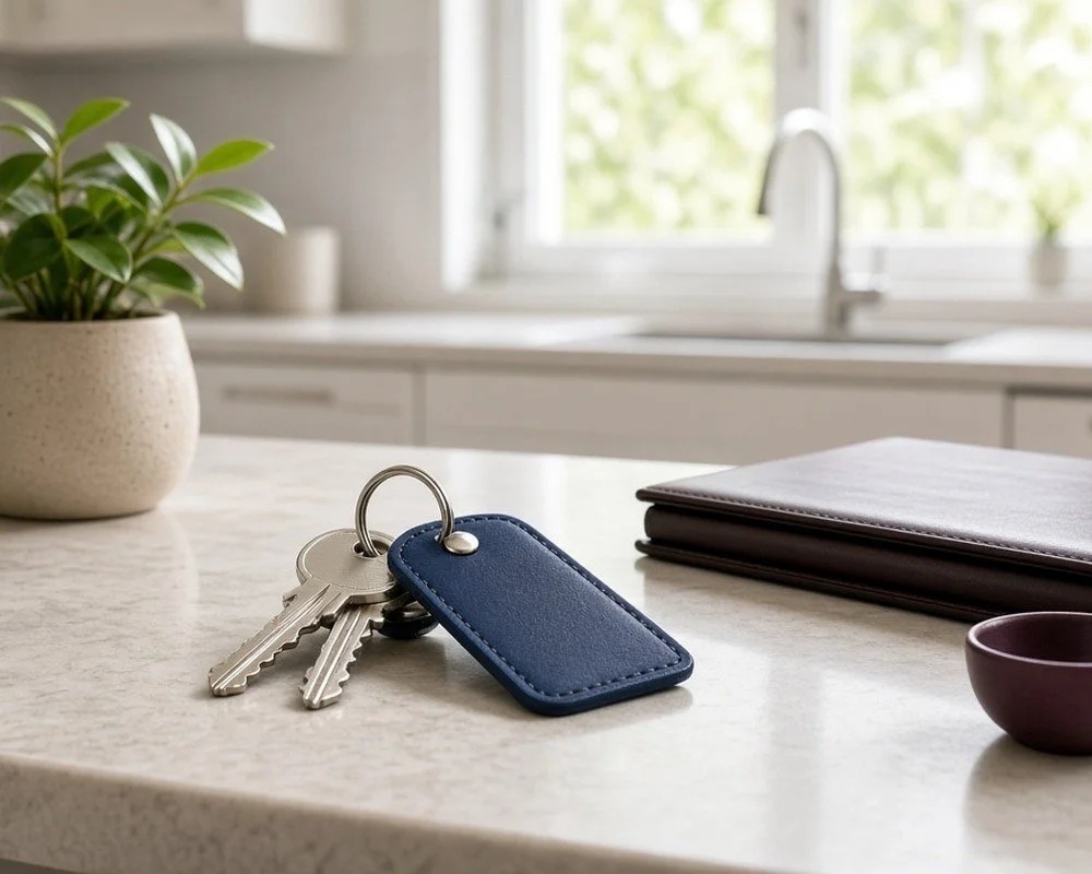 House keys on a navy key tag resting on a kitchen benchtop in a well-kept rental home.
