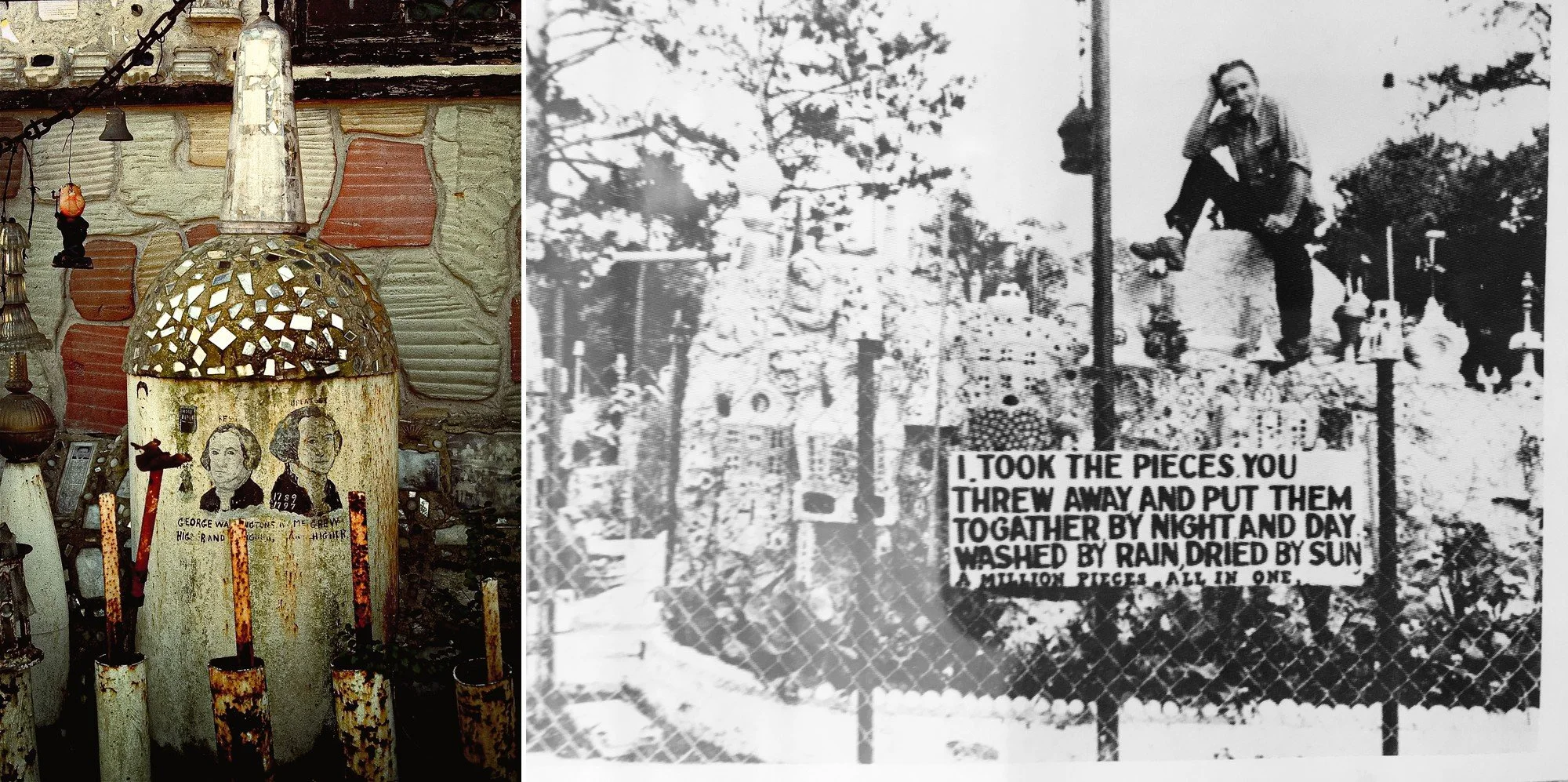 George Washington on an early Paradise Garden monument beside Howard Finster seated among handmade structures and signs