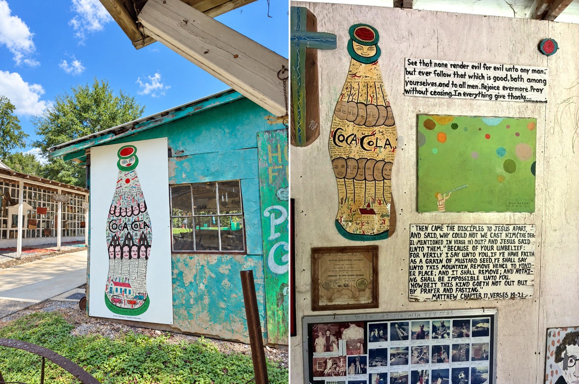 A Coca-Cola-themed artwork and an art-covered wall at Paradise Garden