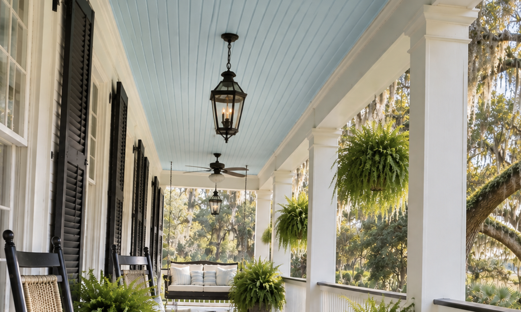 A Southern porch with a pale blue beadboard ceiling, black shutters, lanterns, rocking chairs and hanging ferns