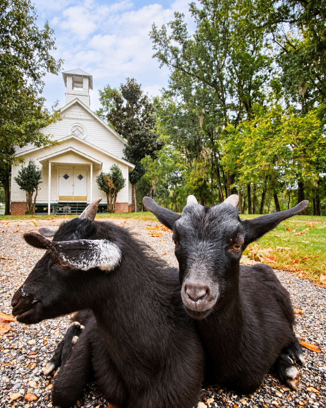 Two goats with Spectre’s church behind them