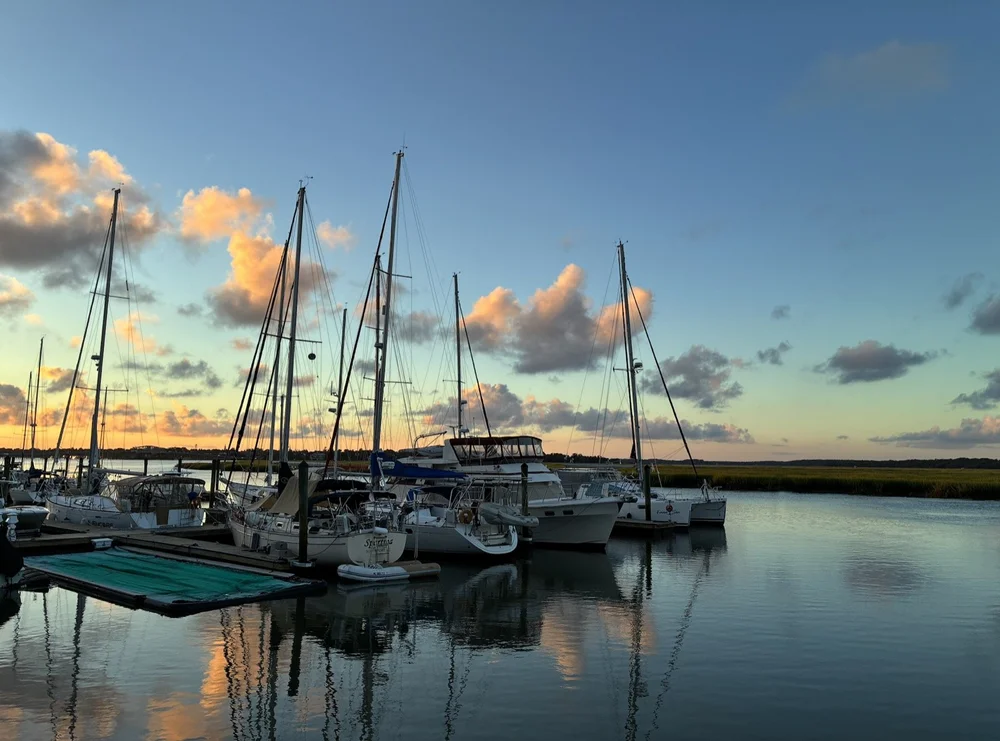 Sailboats at sunset on the Beaufort River in Beaufort, South Carolina