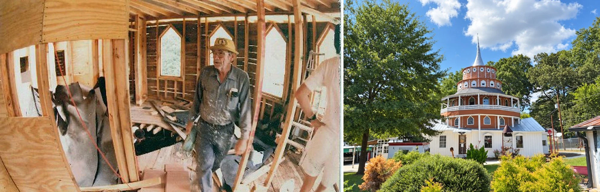 Howard Finster building the World’s Folk Art Church beside the restored structure today