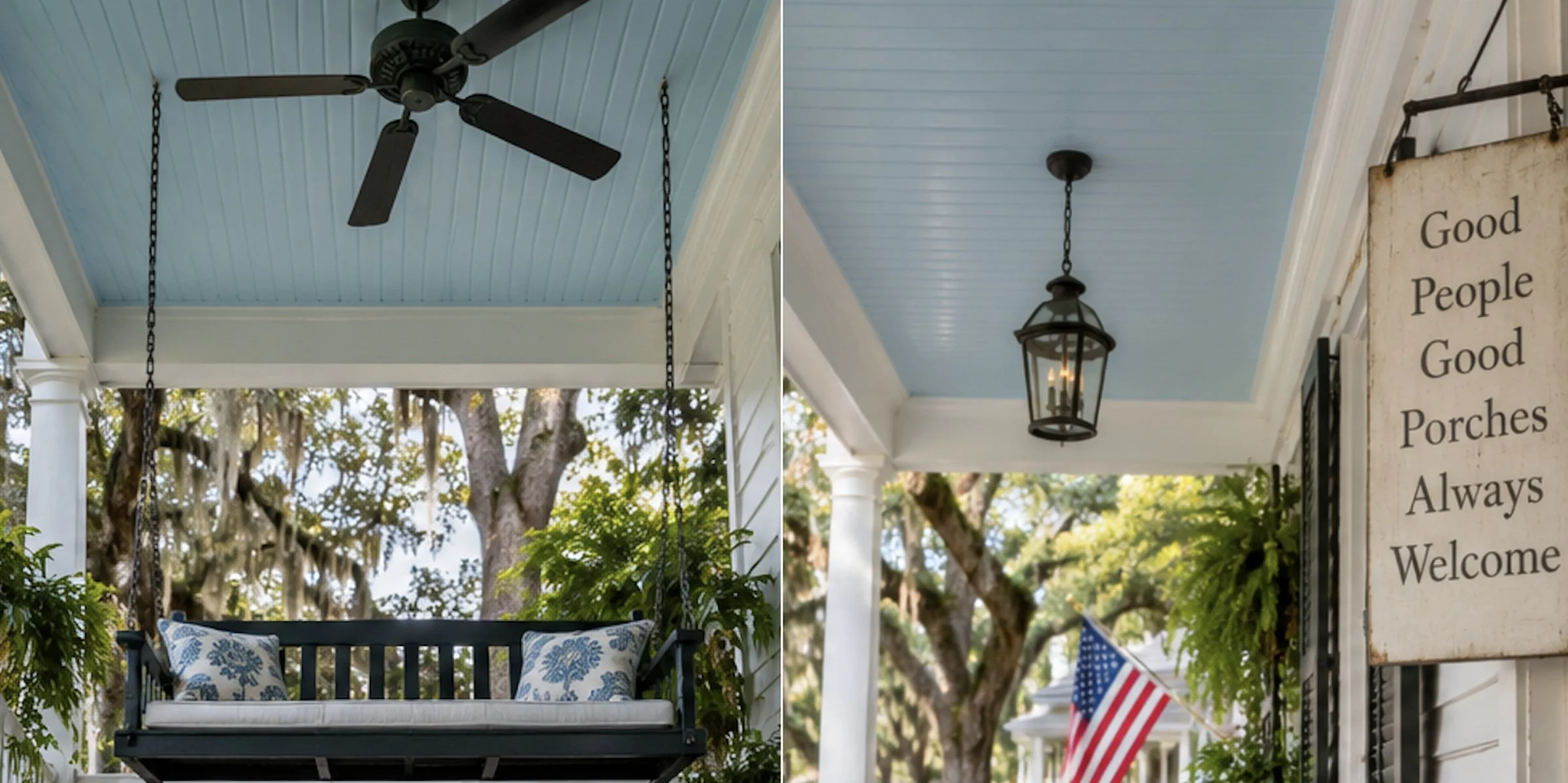 Two views of Southern porches with pale blue ceilings, including a porch swing, lantern and hanging ferns