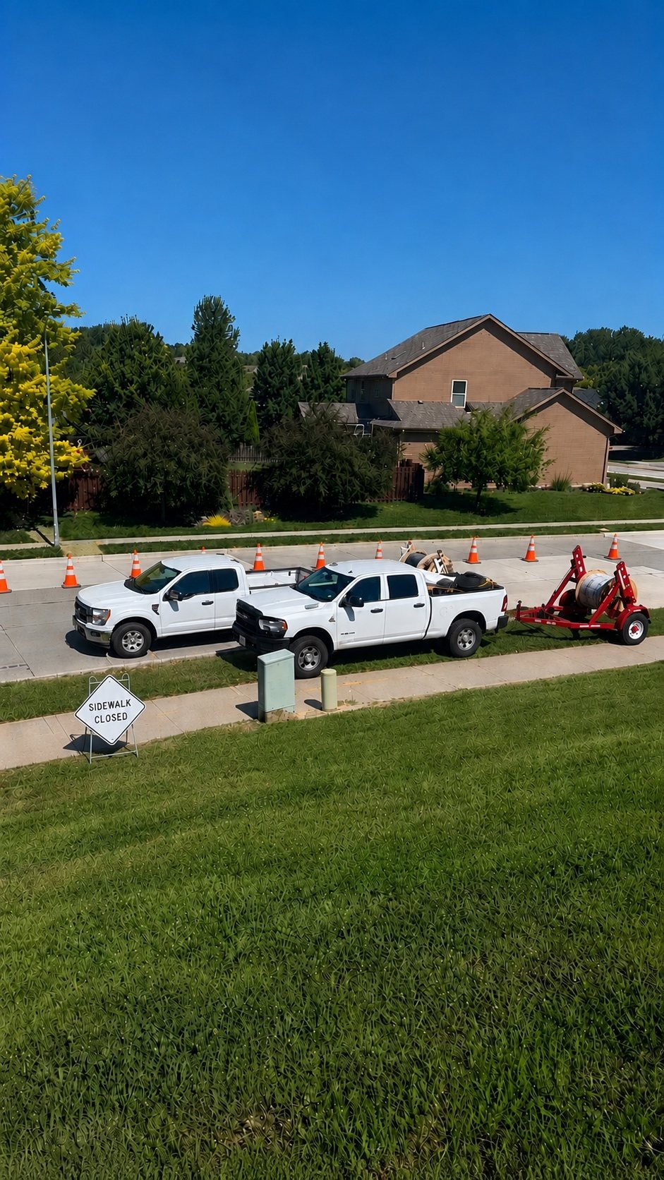 Work trucks, cones and signage on a live street.