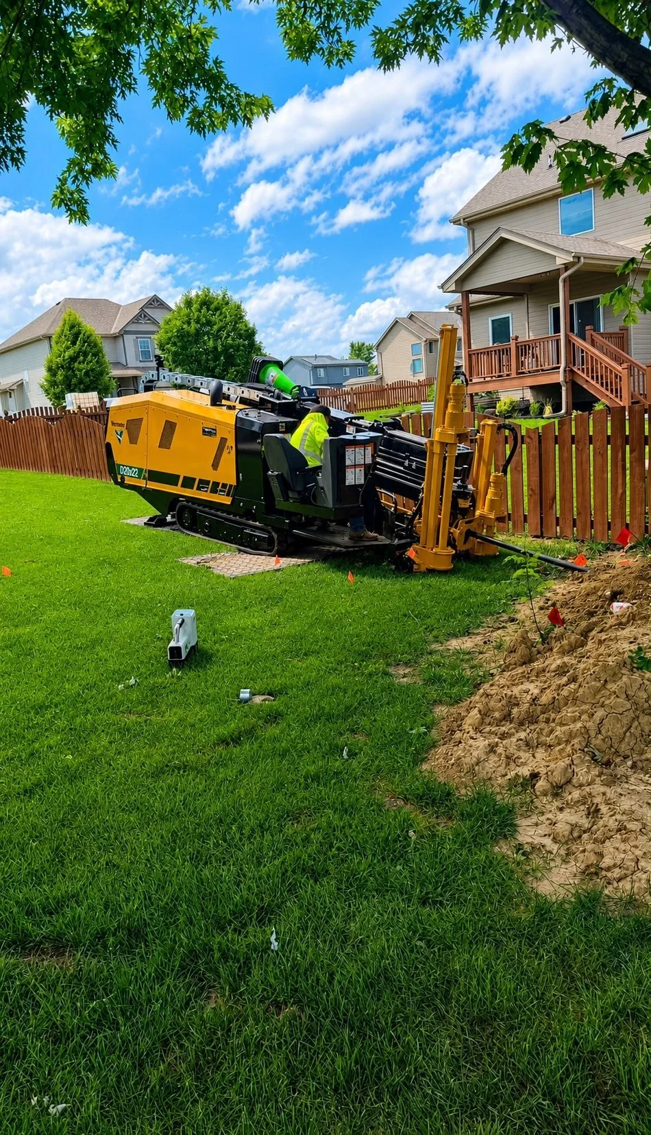 Directional drill working beside a residential fence line.