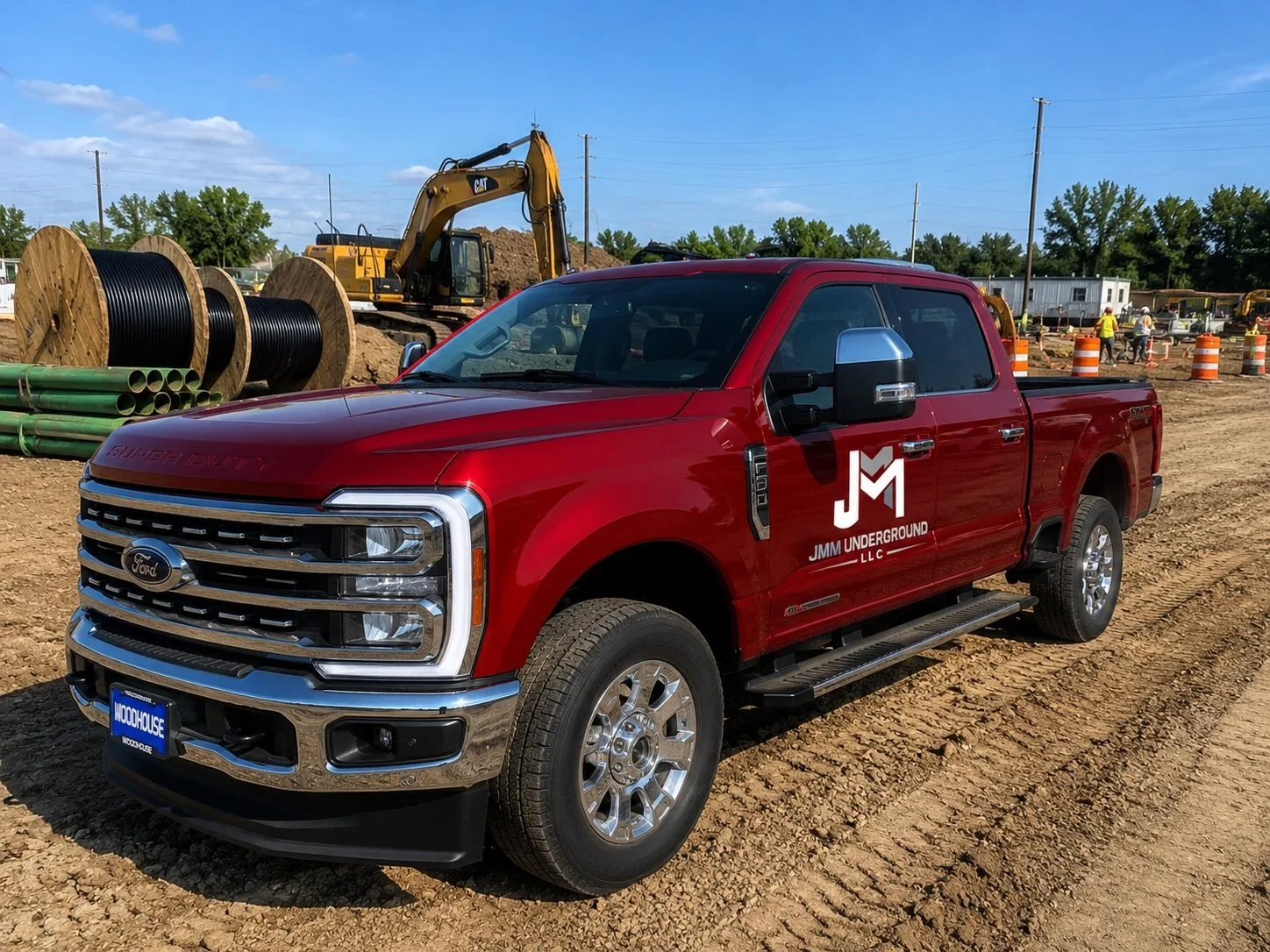 JMM Underground pickup, excavator and utility crew on a jobsite.