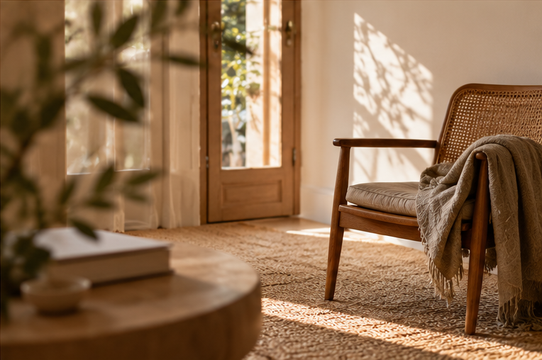 Fauteuil en bois avec un plaid, dans une pièce éclairée par la lumière naturelle.